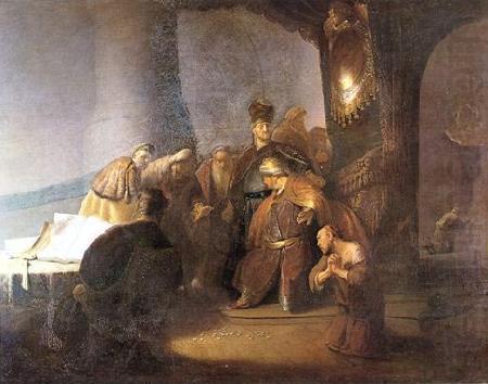 Judas returning the thirty silver pieces., Rembrandt van rijn